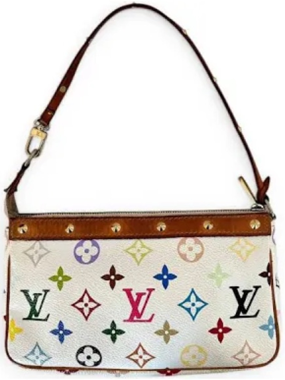 Designer-Inspired White Multicolor Monogram Shoulder Bag with Brown Trim